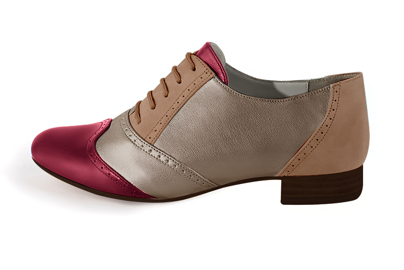 Burgundy red, bronze gold and biscuit beige women's fashion lace-up shoes.. Profile view - Florence KOOIJMAN